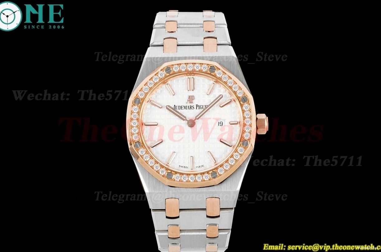 Qtz JJF SS White Royal Oak RG Swiss Ladies Diamond 33mm 0105